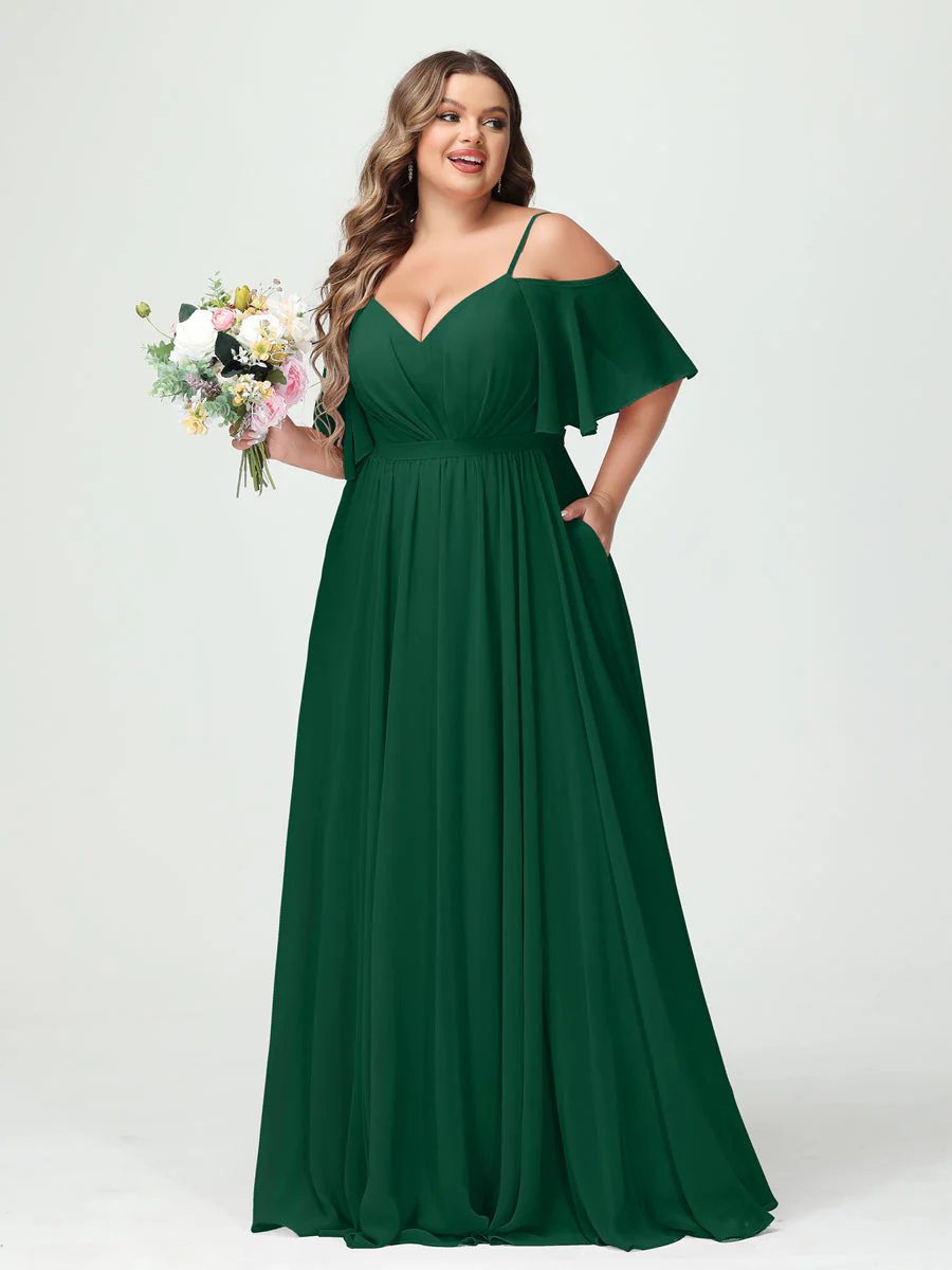 A-Line/Princess Spaghetti Straps Half Sleeves Chiffon Plus Size Bridesmaid Dresses with Pockets - Image 12
