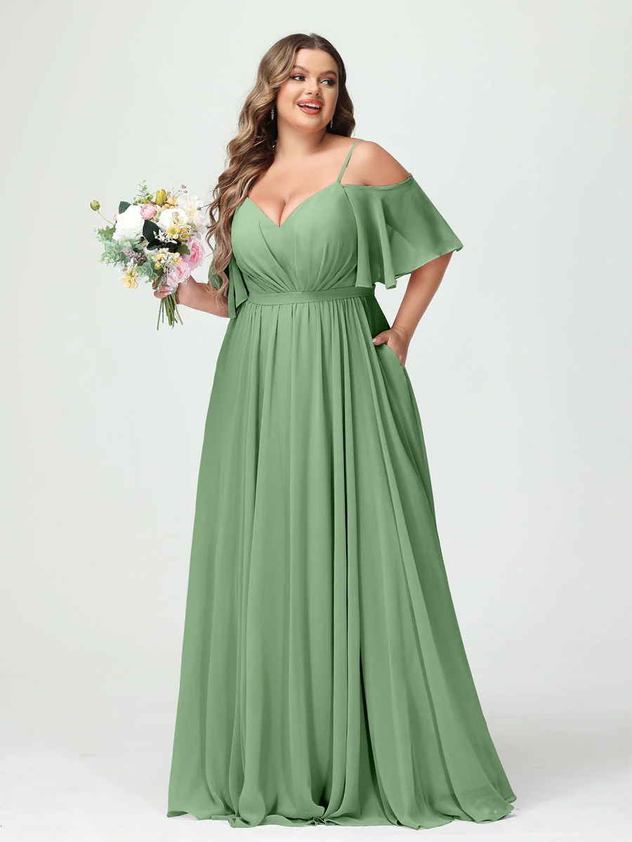A-Line/Princess Spaghetti Straps Half Sleeves Chiffon Plus Size Bridesmaid Dresses with Pockets - Image 17
