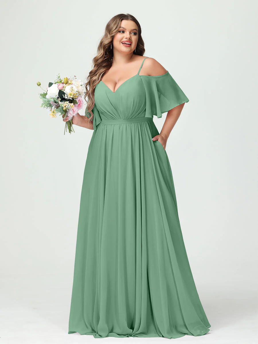 A-Line/Princess Spaghetti Straps Half Sleeves Chiffon Plus Size Bridesmaid Dresses with Pockets - Image 18