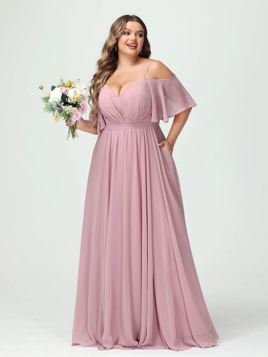 A-Line/Princess Spaghetti Straps Half Sleeves Chiffon Plus Size Bridesmaid Dresses with Pockets - Image 2