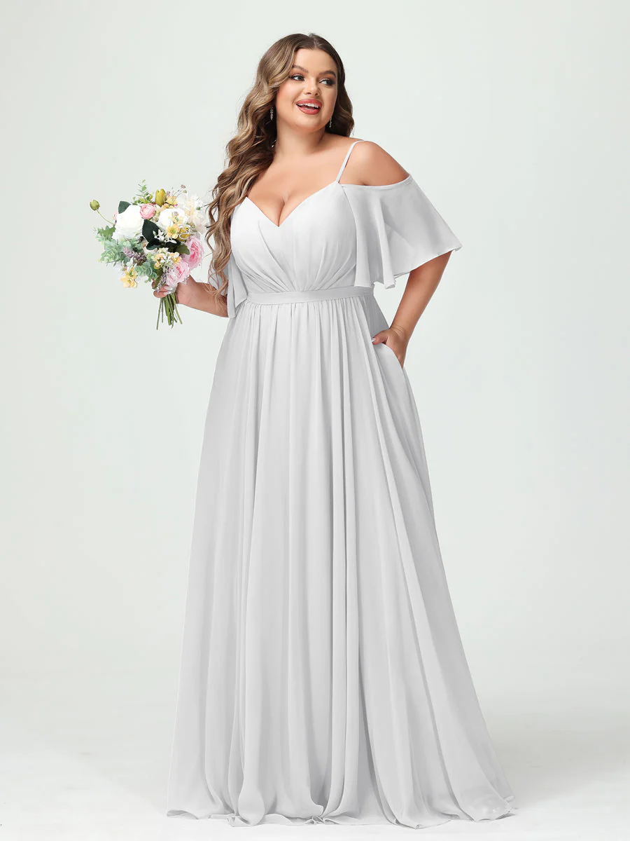 A-Line/Princess Spaghetti Straps Half Sleeves Chiffon Plus Size Bridesmaid Dresses with Pockets - Image 20