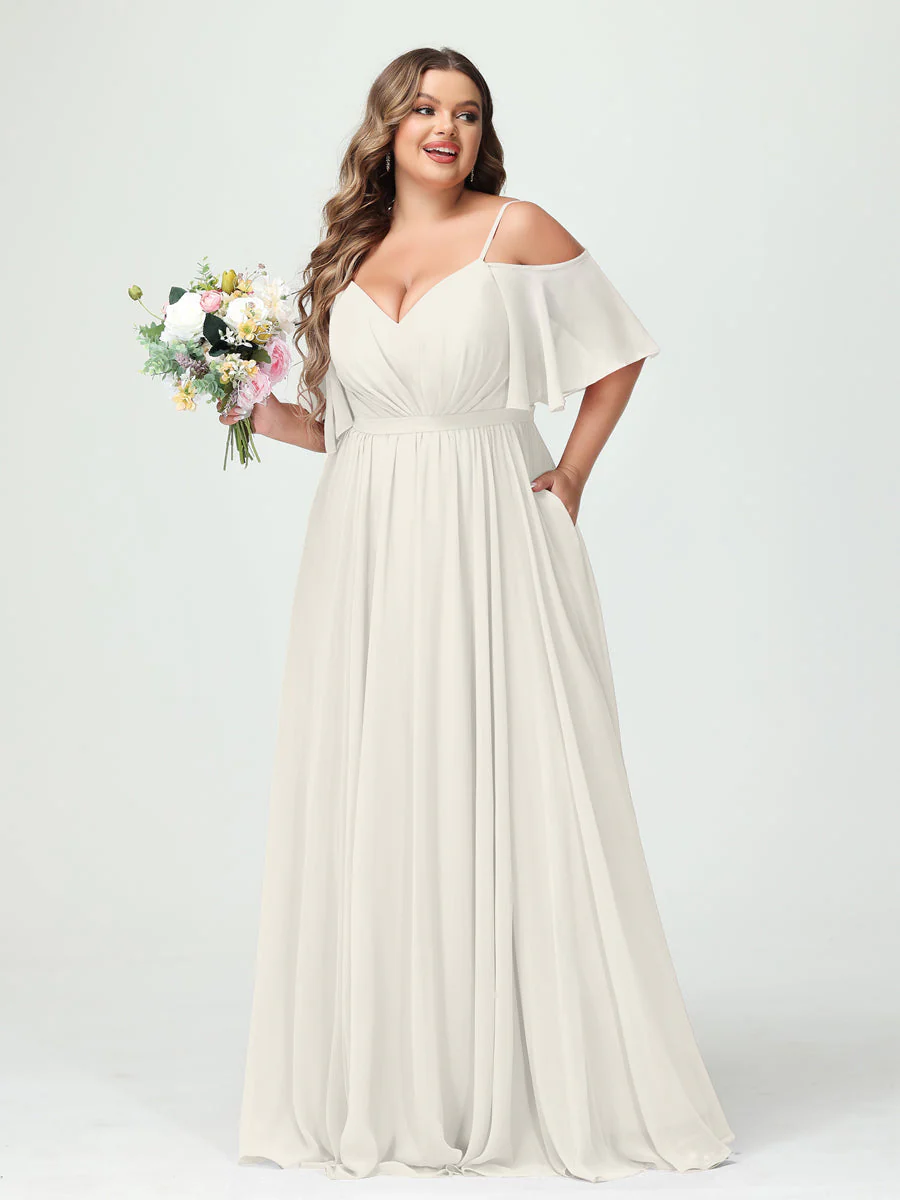 A-Line/Princess Spaghetti Straps Half Sleeves Chiffon Plus Size Bridesmaid Dresses with Pockets - Image 22