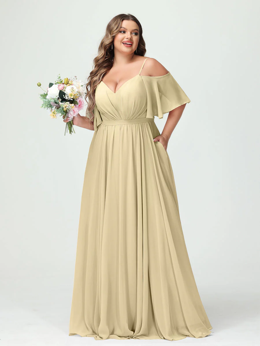 A-Line/Princess Spaghetti Straps Half Sleeves Chiffon Plus Size Bridesmaid Dresses with Pockets - Image 25