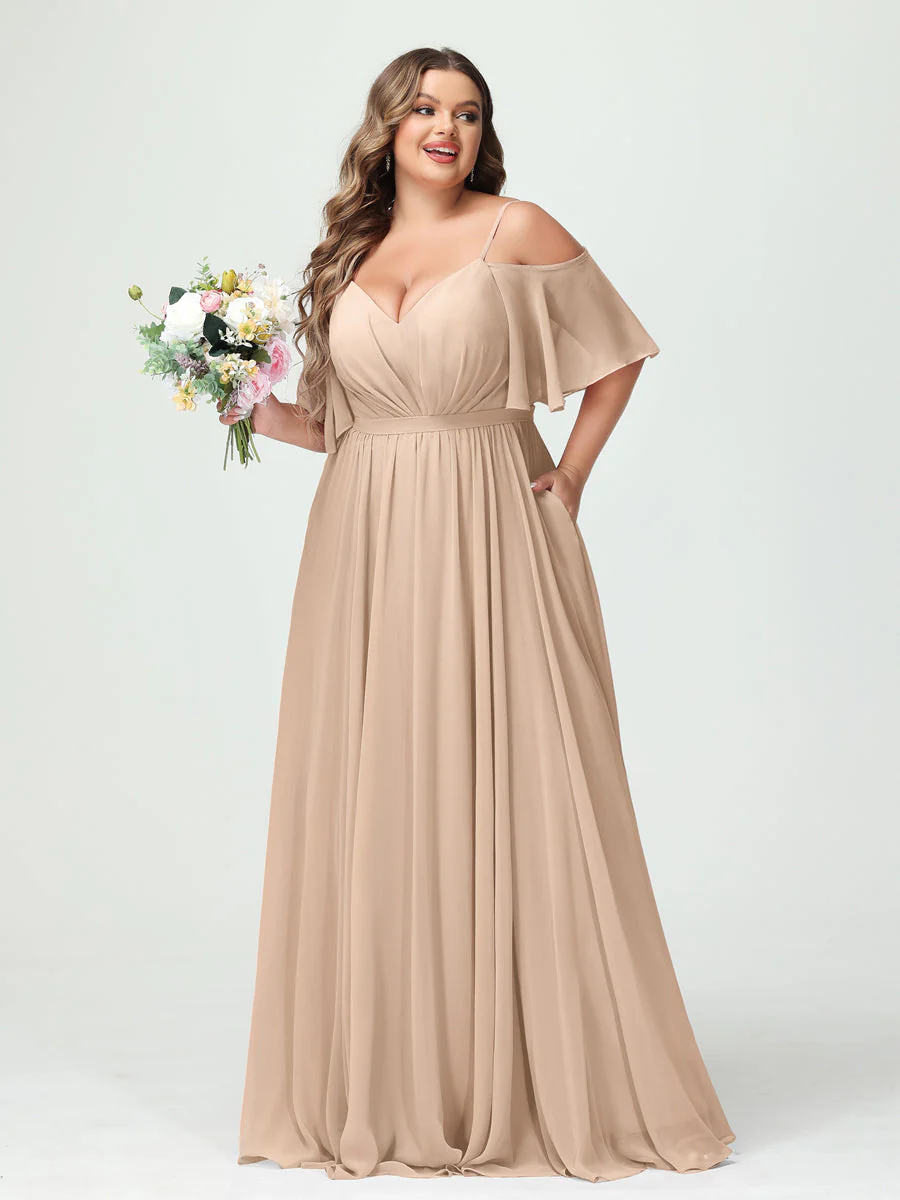 A-Line/Princess Spaghetti Straps Half Sleeves Chiffon Plus Size Bridesmaid Dresses with Pockets - Image 30