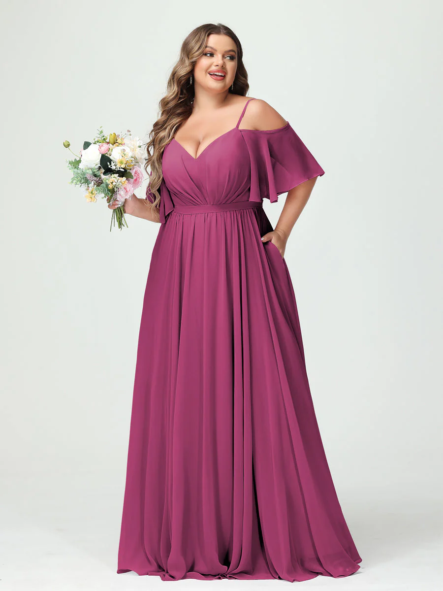 A-Line/Princess Spaghetti Straps Half Sleeves Chiffon Plus Size Bridesmaid Dresses with Pockets - Image 36