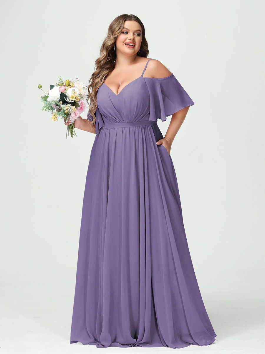 A-Line/Princess Spaghetti Straps Half Sleeves Chiffon Plus Size Bridesmaid Dresses with Pockets - Image 42