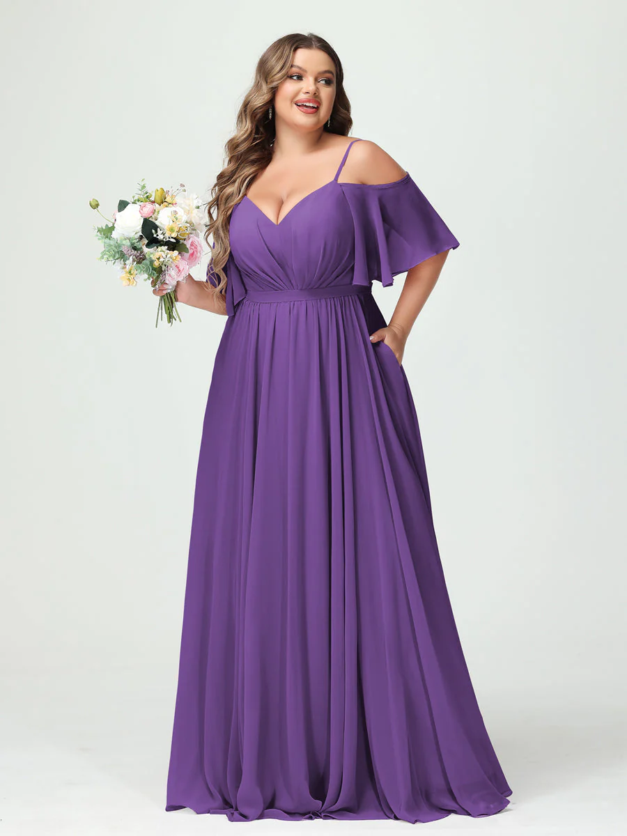 A-Line/Princess Spaghetti Straps Half Sleeves Chiffon Plus Size Bridesmaid Dresses with Pockets - Image 43