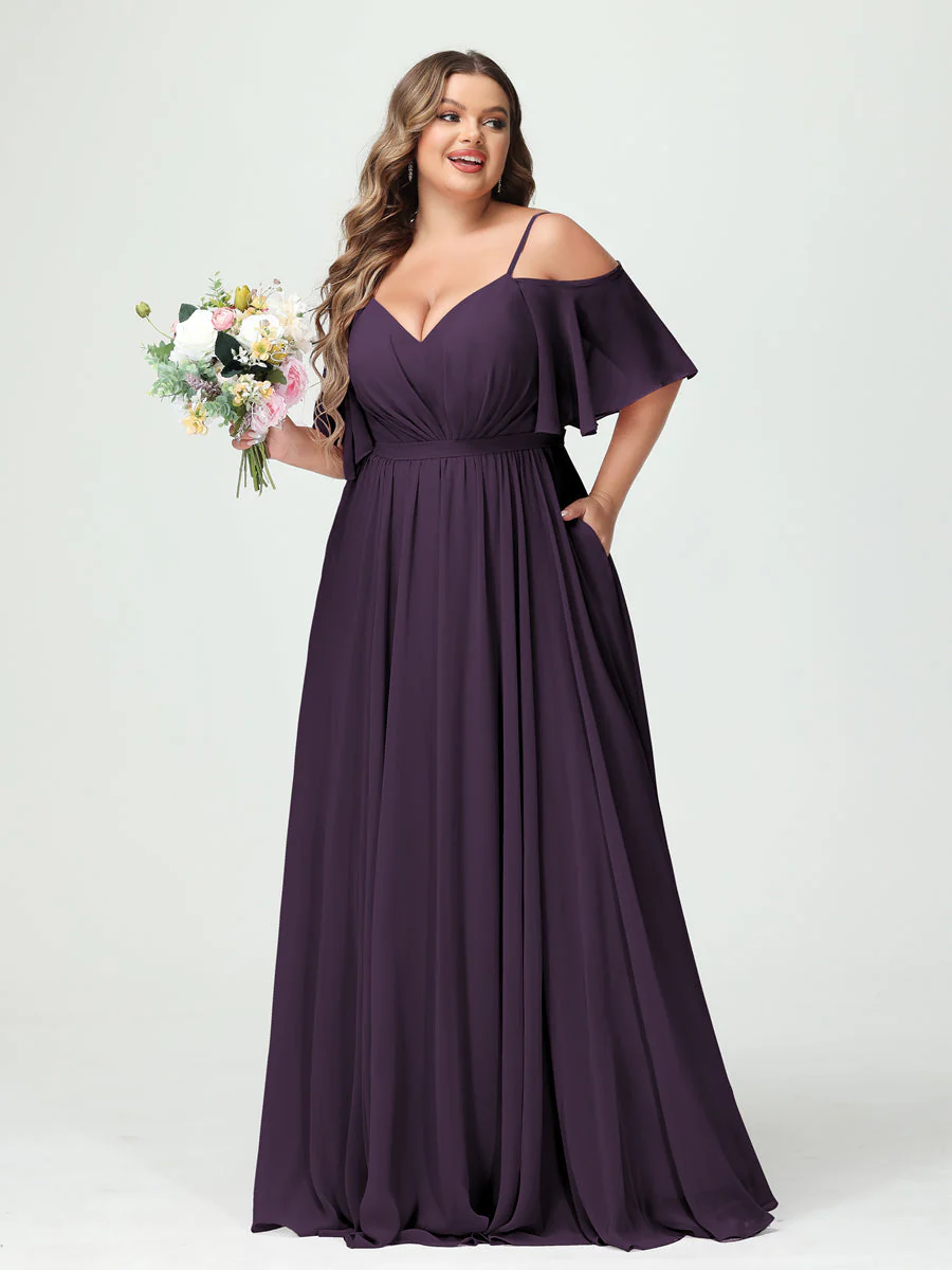 A-Line/Princess Spaghetti Straps Half Sleeves Chiffon Plus Size Bridesmaid Dresses with Pockets - Image 47