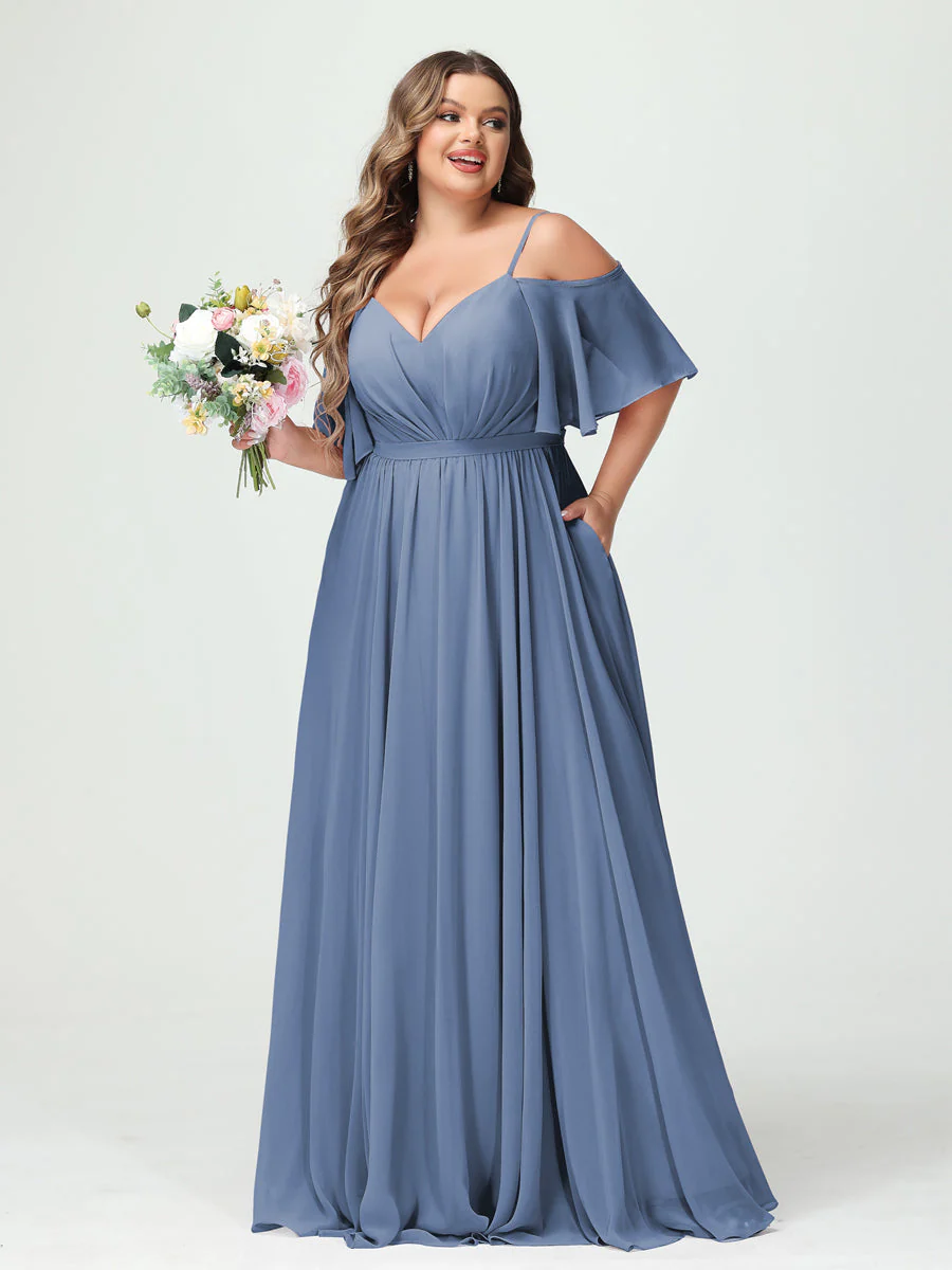A-Line/Princess Spaghetti Straps Half Sleeves Chiffon Plus Size Bridesmaid Dresses with Pockets - Image 52