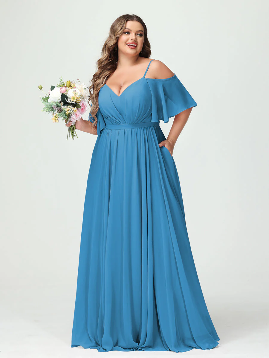 A-Line/Princess Spaghetti Straps Half Sleeves Chiffon Plus Size Bridesmaid Dresses with Pockets - Image 54