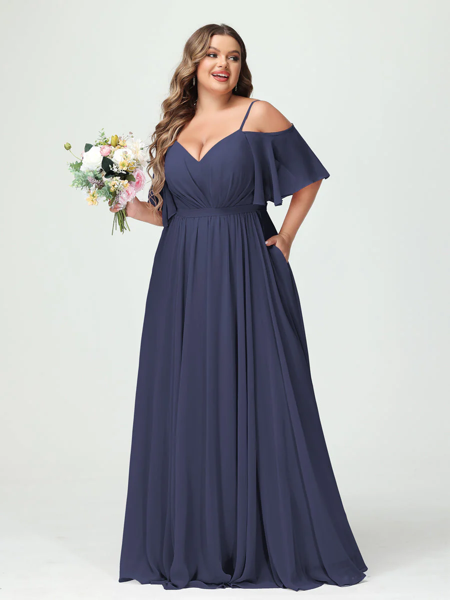 A-Line/Princess Spaghetti Straps Half Sleeves Chiffon Plus Size Bridesmaid Dresses with Pockets - Image 58