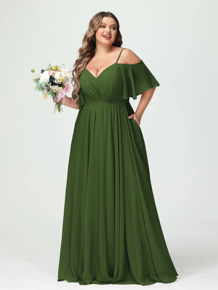 A-Line/Princess Spaghetti Straps Half Sleeves Chiffon Plus Size Bridesmaid Dresses with Pockets - Image 66