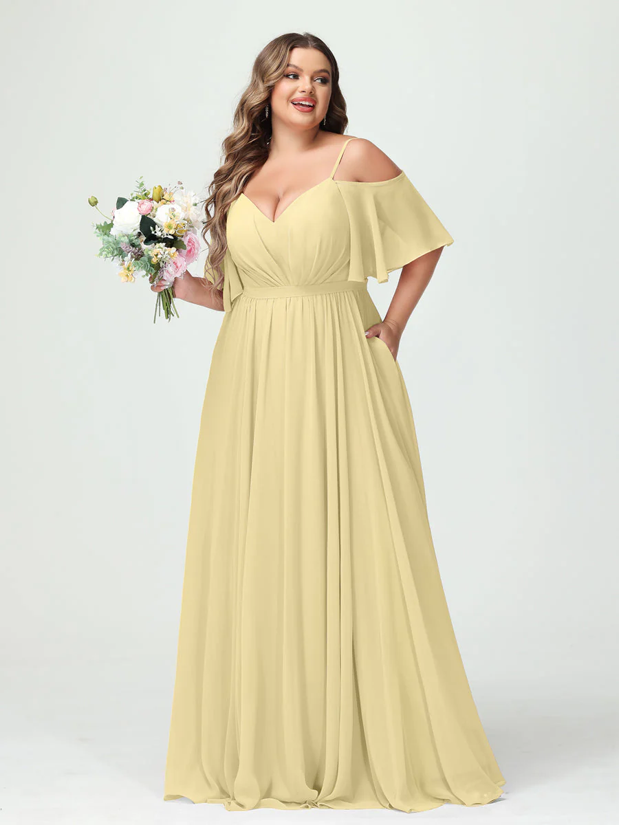 A-Line/Princess Spaghetti Straps Half Sleeves Chiffon Plus Size Bridesmaid Dresses with Pockets - Image 69