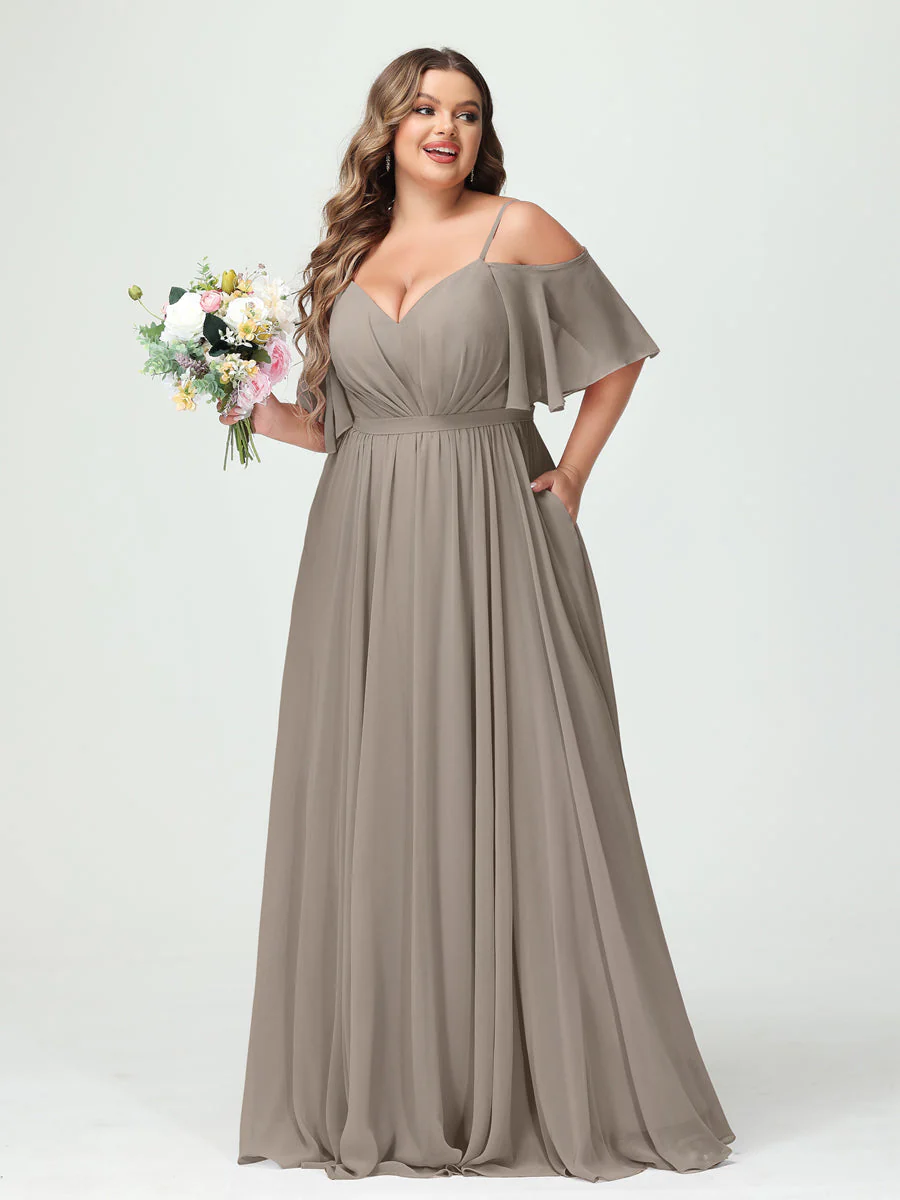 A-Line/Princess Spaghetti Straps Half Sleeves Chiffon Plus Size Bridesmaid Dresses with Pockets - Image 74