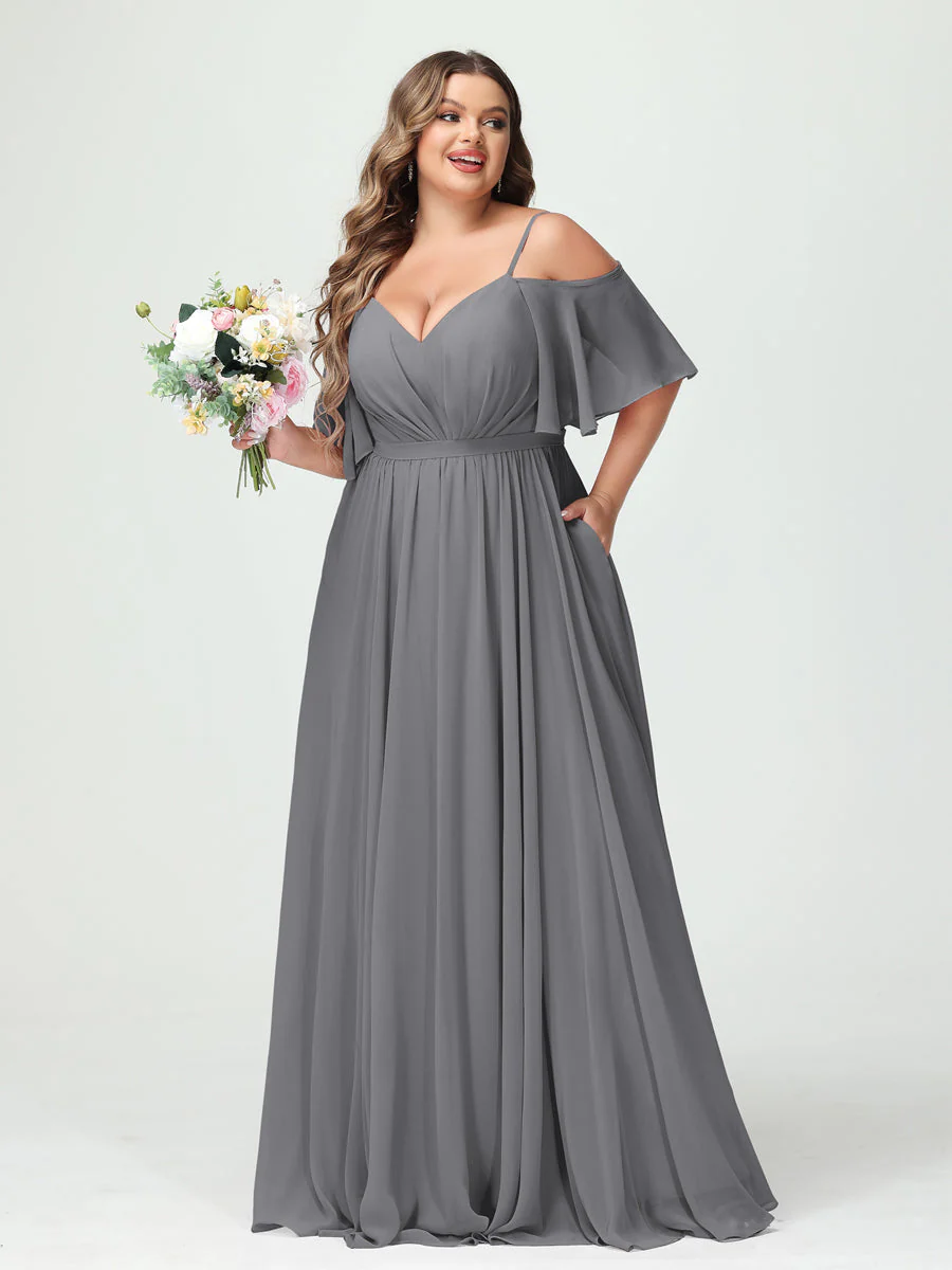 A-Line/Princess Spaghetti Straps Half Sleeves Chiffon Plus Size Bridesmaid Dresses with Pockets - Image 76