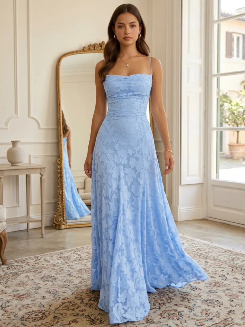A-Line/Princess Spaghetti Straps Lace Floral Prom Dresses Floor-Length Sleeveless Formal Dresses - Image 3