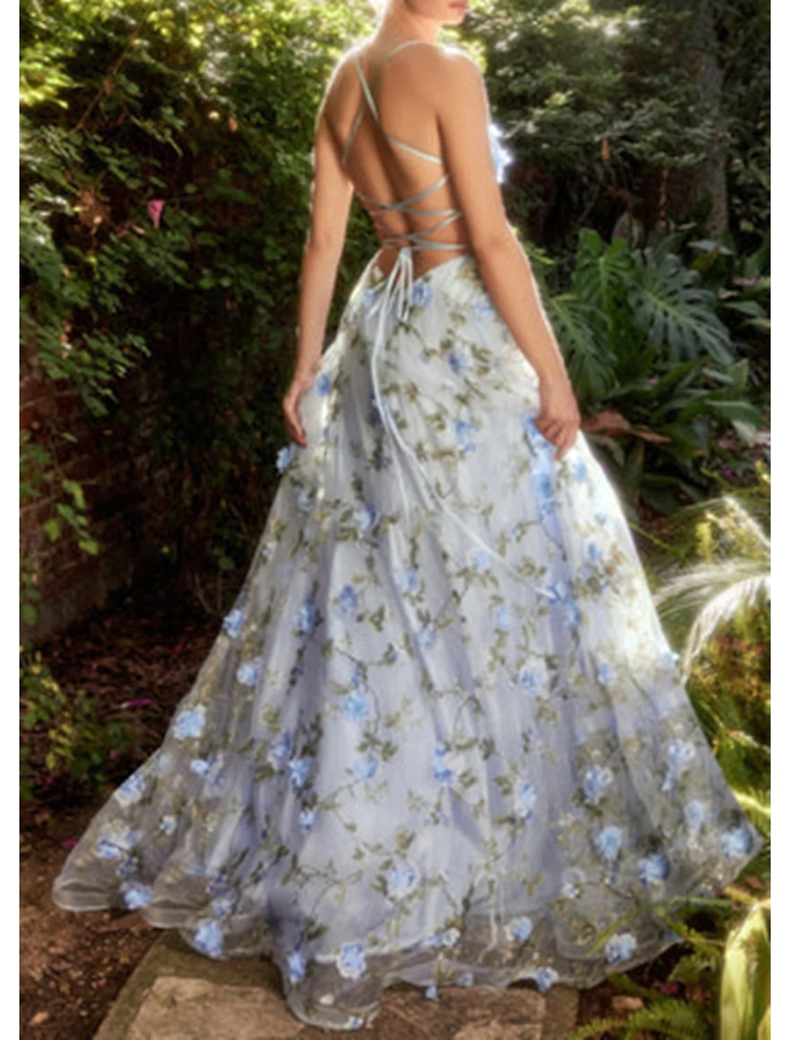 A-Line/Princess Spaghetti Straps sleeveless Long Prom Dresses With Flowers - Image 2