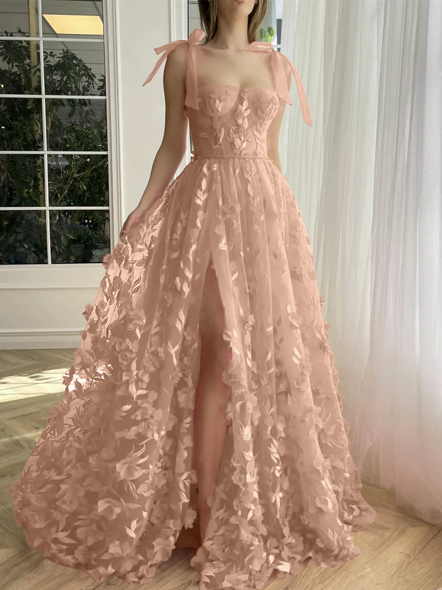 A-Line/Princess Spaghetti Straps Long Prom Floral Dresses With Split Side - Image 10