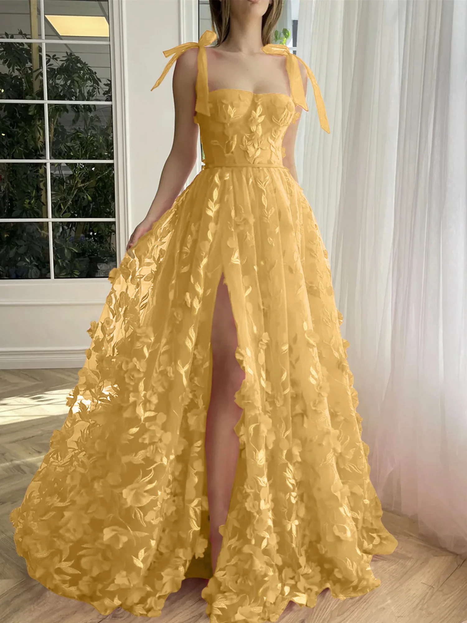 A-Line/Princess Spaghetti Straps Long Prom Floral Dresses With Split Side - Image 11