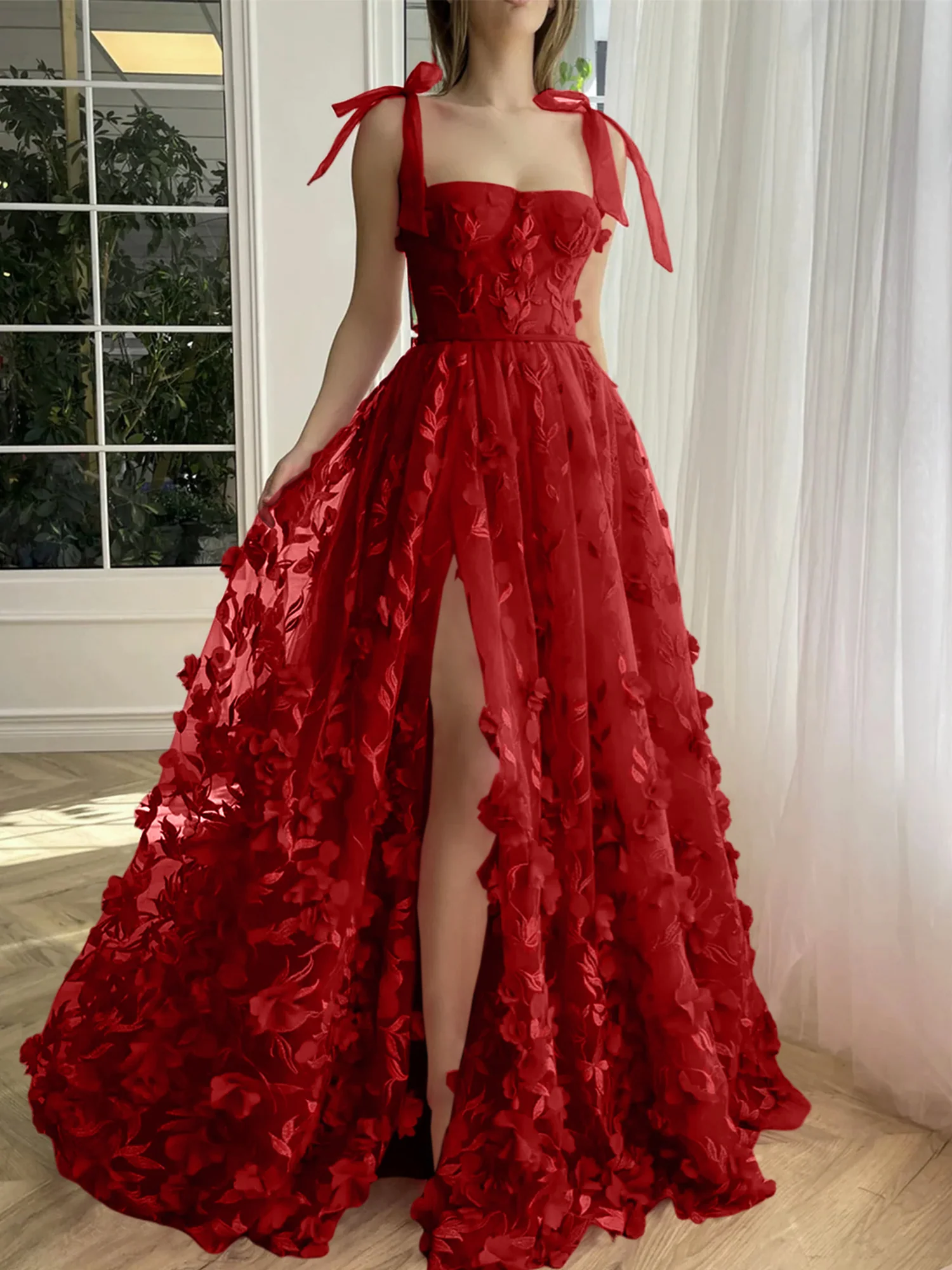 A-Line/Princess Spaghetti Straps Long Prom Floral Dresses With Split Side - Image 13