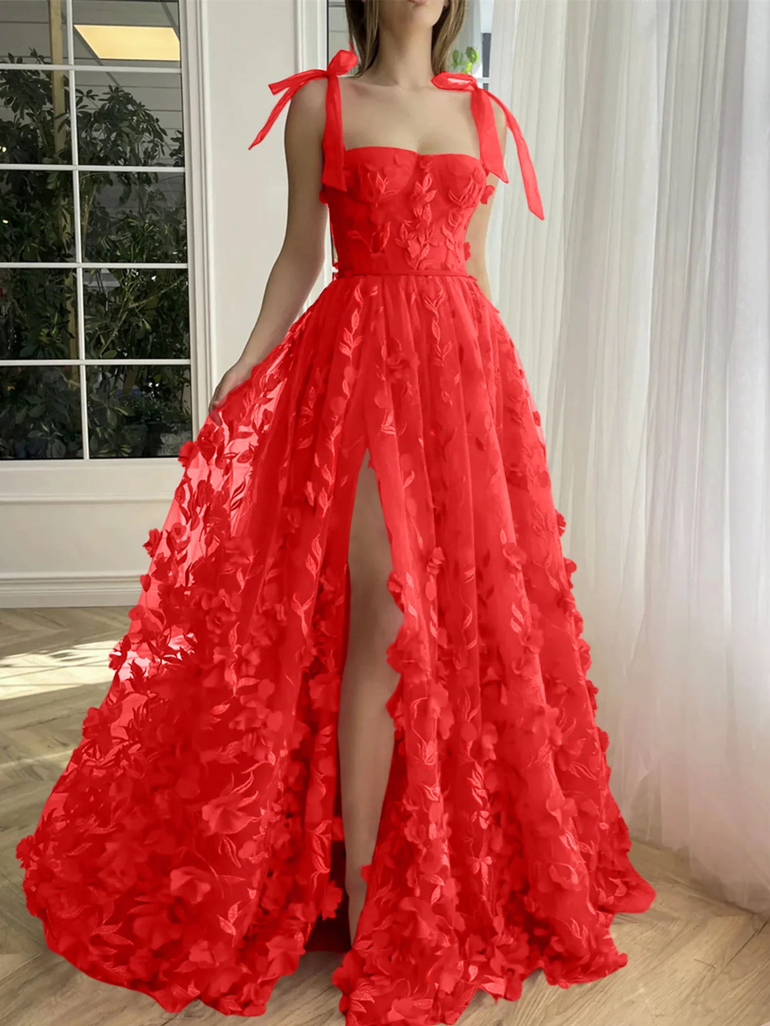 A-Line/Princess Spaghetti Straps Long Prom Floral Dresses With Split Side - Image 14