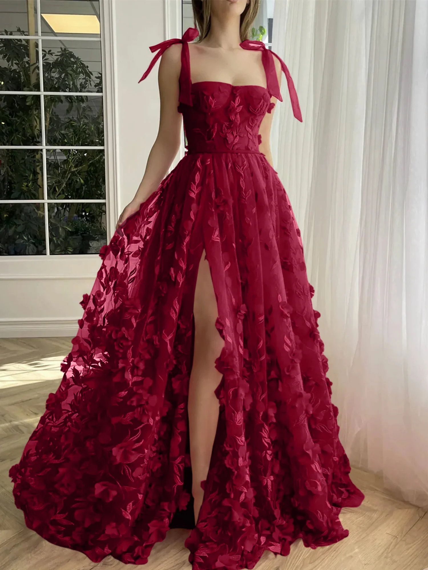 A-Line/Princess Spaghetti Straps Long Prom Floral Dresses With Split Side - Image 15