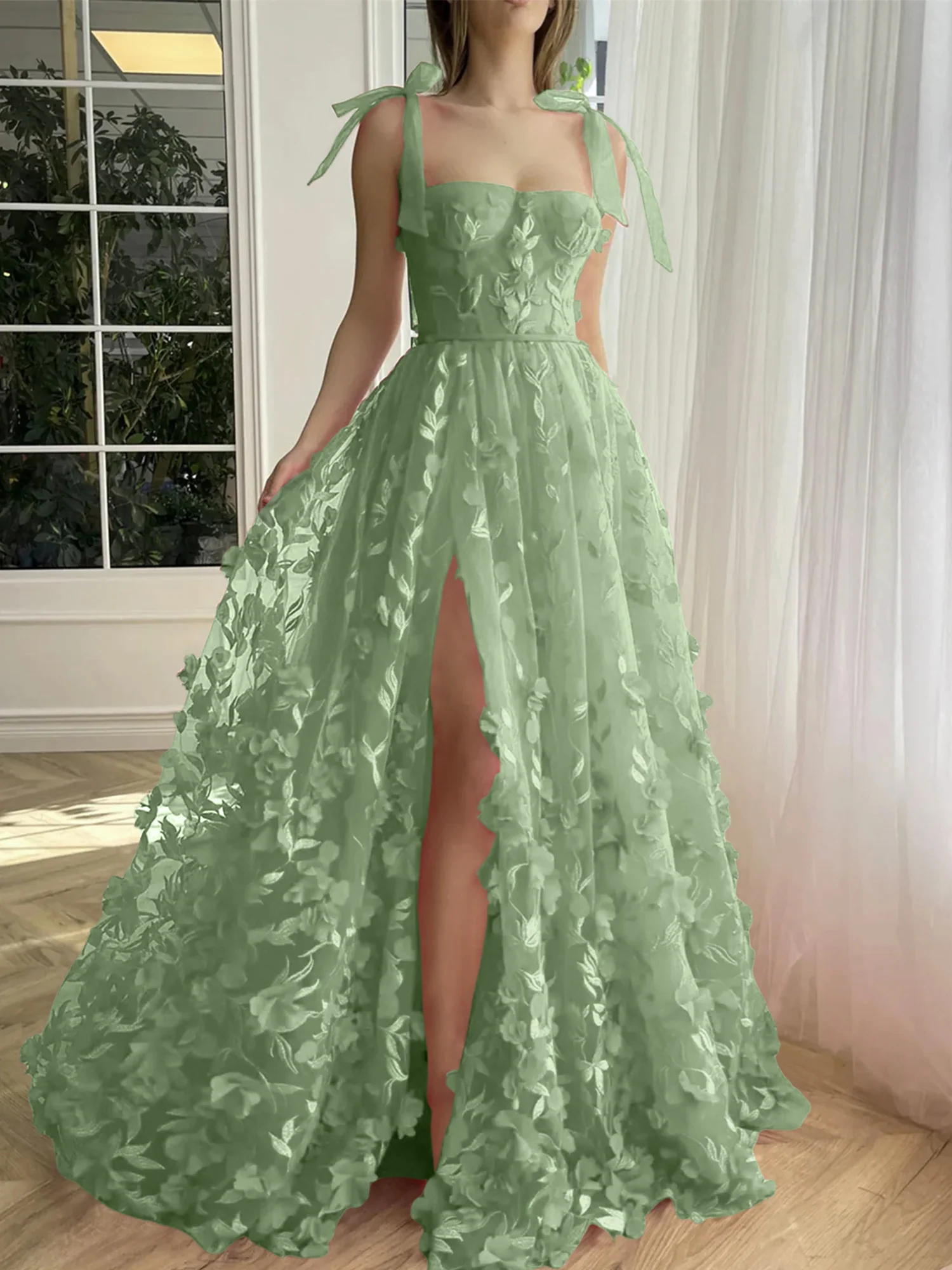 A-Line/Princess Spaghetti Straps Long Prom Floral Dresses With Split Side - Image 17