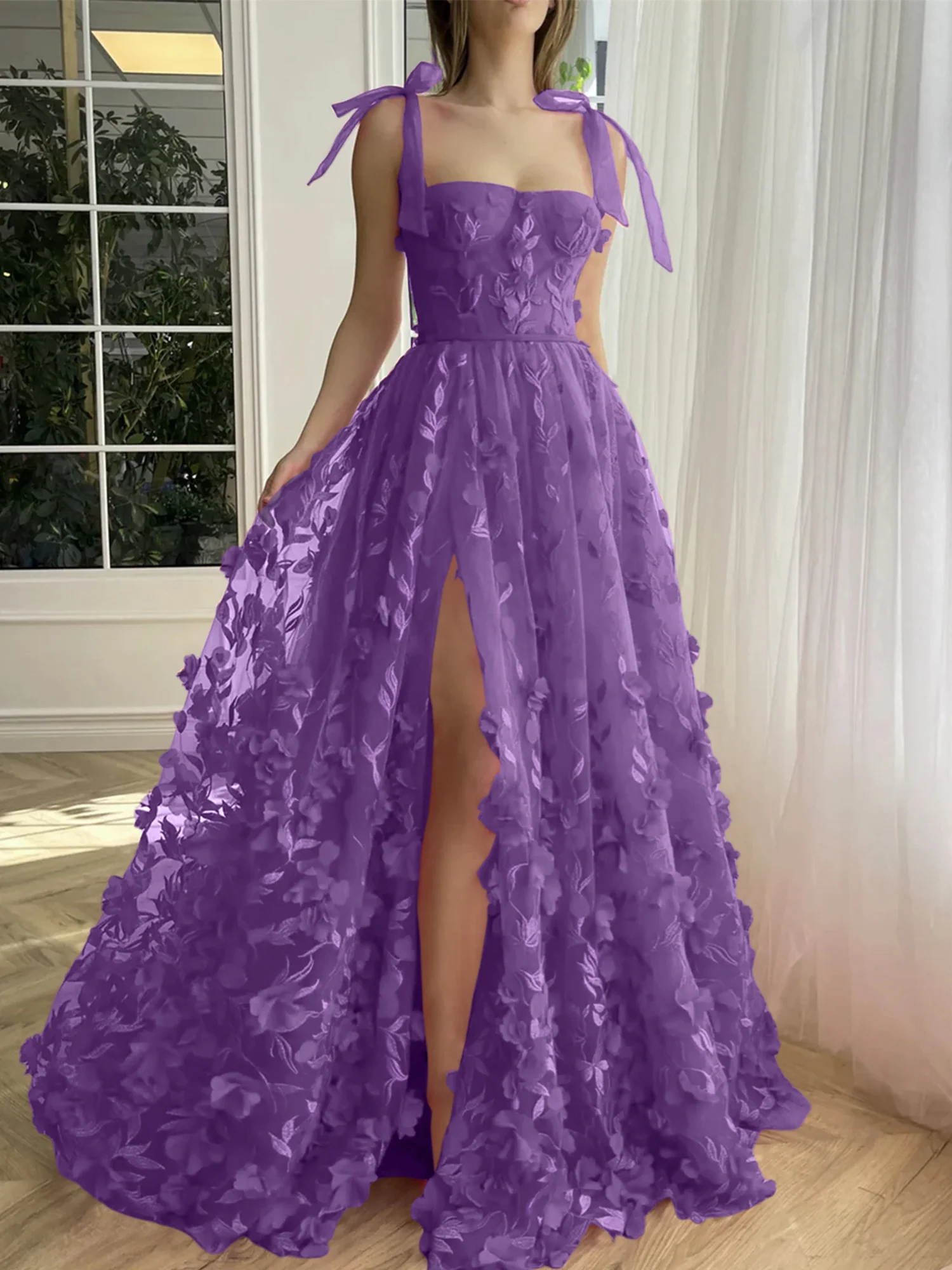 A-Line/Princess Spaghetti Straps Long Prom Floral Dresses With Split Side - Image 21
