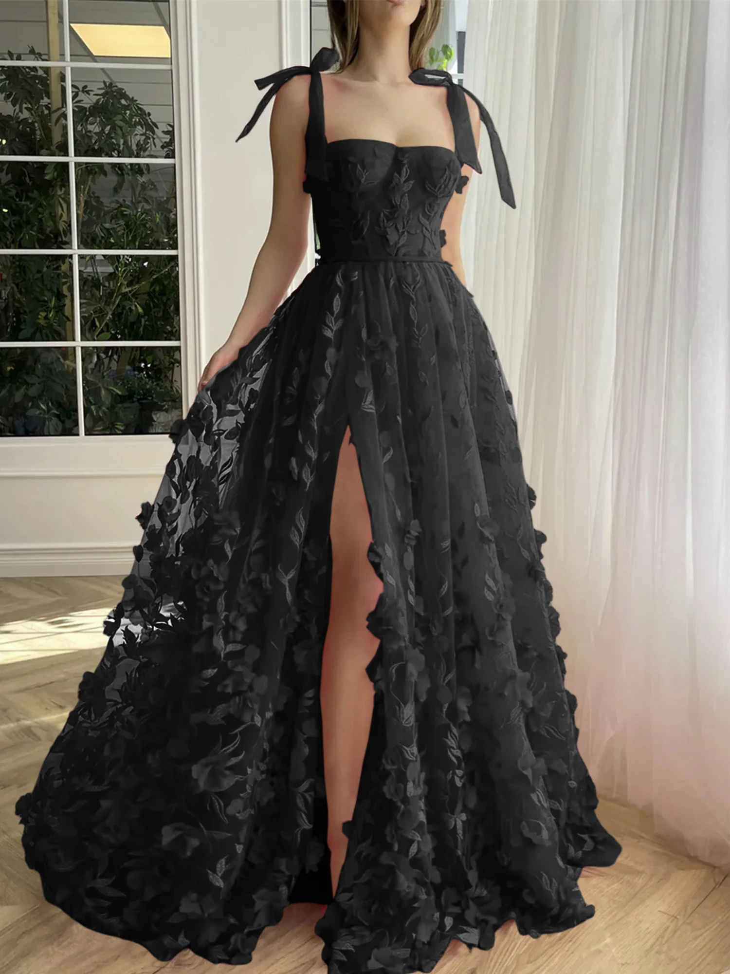 A-Line/Princess Spaghetti Straps Long Prom Floral Dresses With Split Side - Image 22