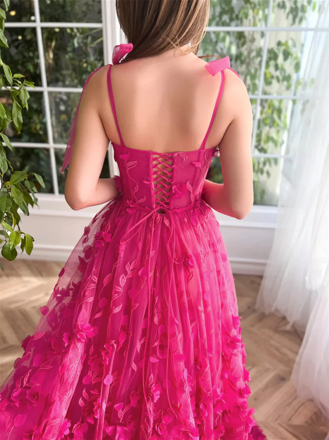 A-Line/Princess Spaghetti Straps Long Prom Floral Dresses With Split Side - Image 6