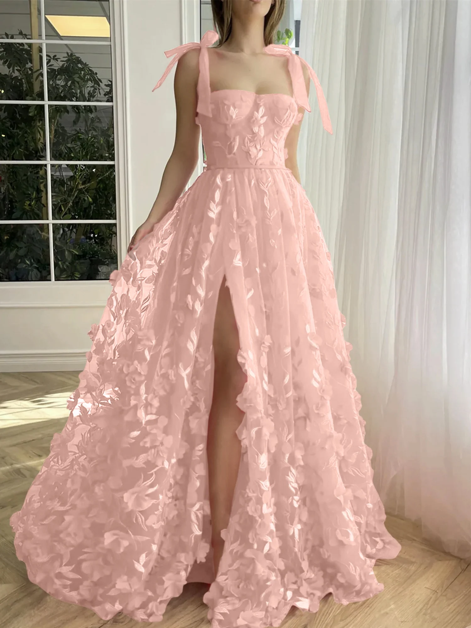 A-Line/Princess Spaghetti Straps Long Prom Floral Dresses With Split Side - Image 8