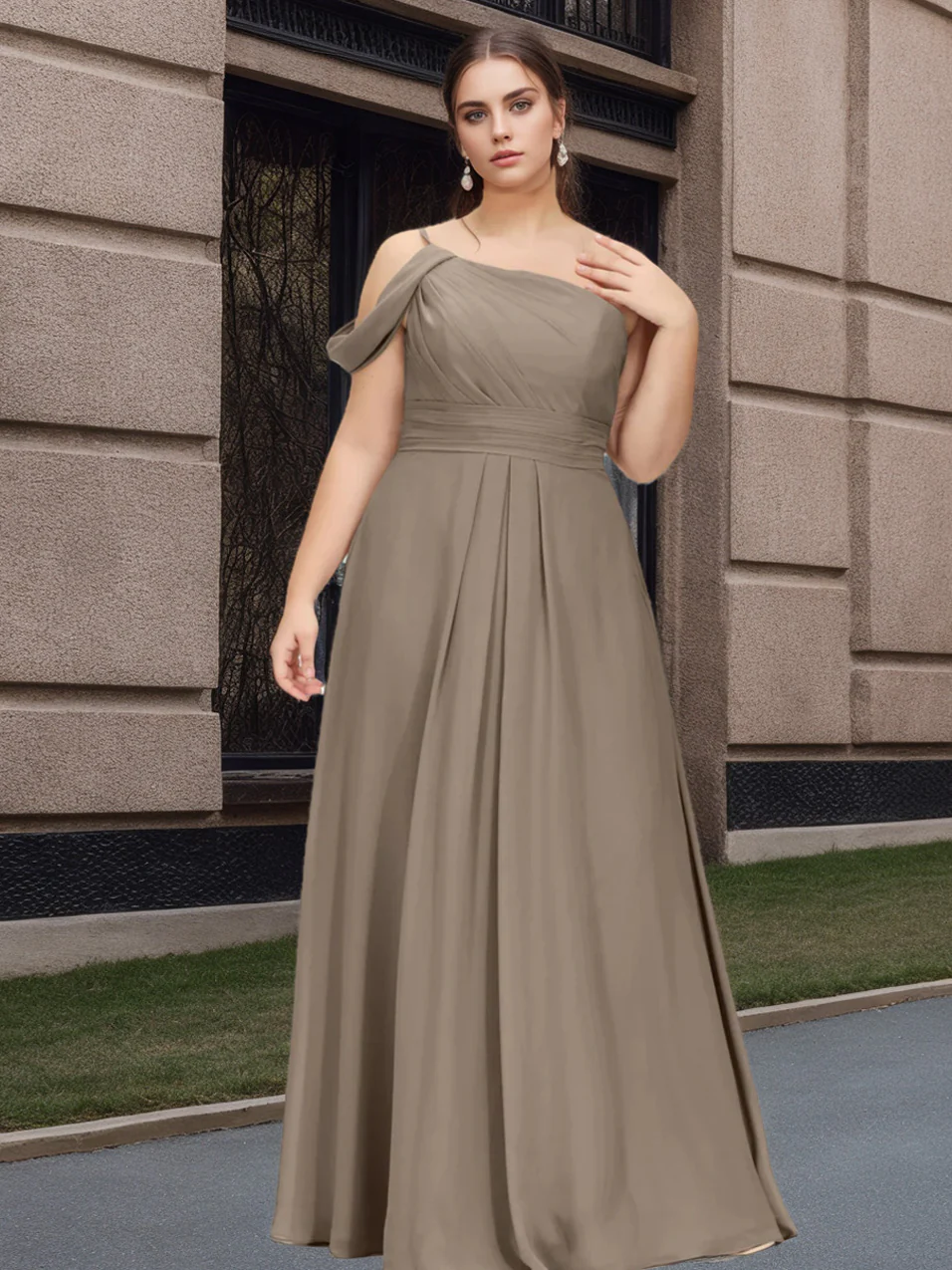 A-Line/Princess Spaghetti Straps One-Shoulder Floor-Length Plus Size Bridesmaid Dresses with Ruffles