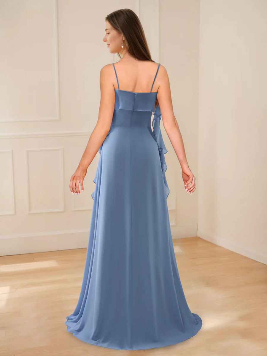 A-Line/Princess Spaghetti Straps Ruched Bridesmaid Dresses with Side Slit & Ruffles - Image 2