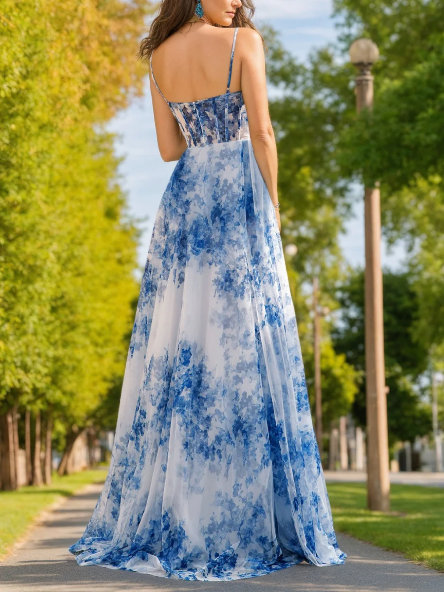 A-Line/Princess Spaghetti Straps Ruched Floor-Length Printed Floral Prom Dresses with Side Slit & Pockets - Image 2