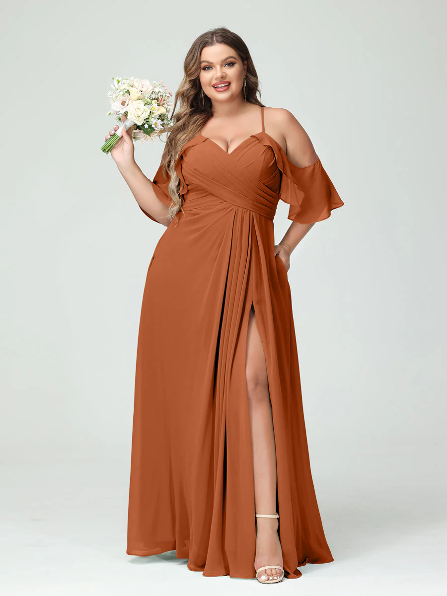 A-Line/Princess Spaghetti Straps Short Sleeves Chiffon Plus Size Bridesmaid Dresses with Pockets,Ruched Split Side - Image 10