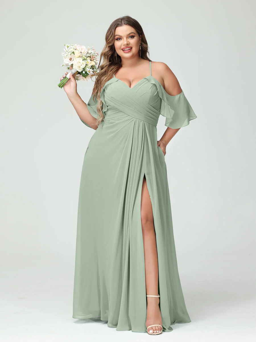 A-Line/Princess Spaghetti Straps Short Sleeves Chiffon Plus Size Bridesmaid Dresses with Pockets,Ruched Split Side - Image 11