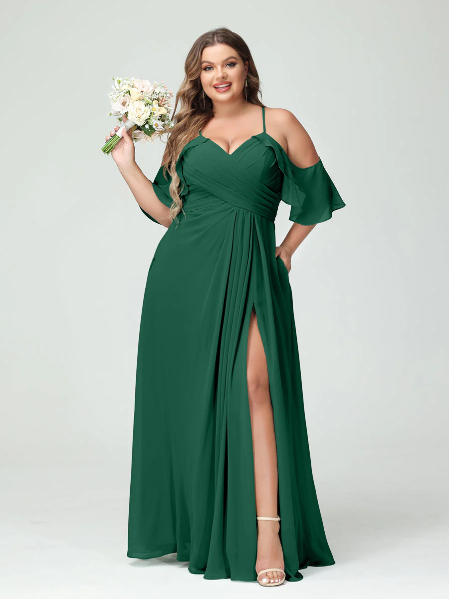A-Line/Princess Spaghetti Straps Short Sleeves Chiffon Plus Size Bridesmaid Dresses with Pockets,Ruched Split Side - Image 12
