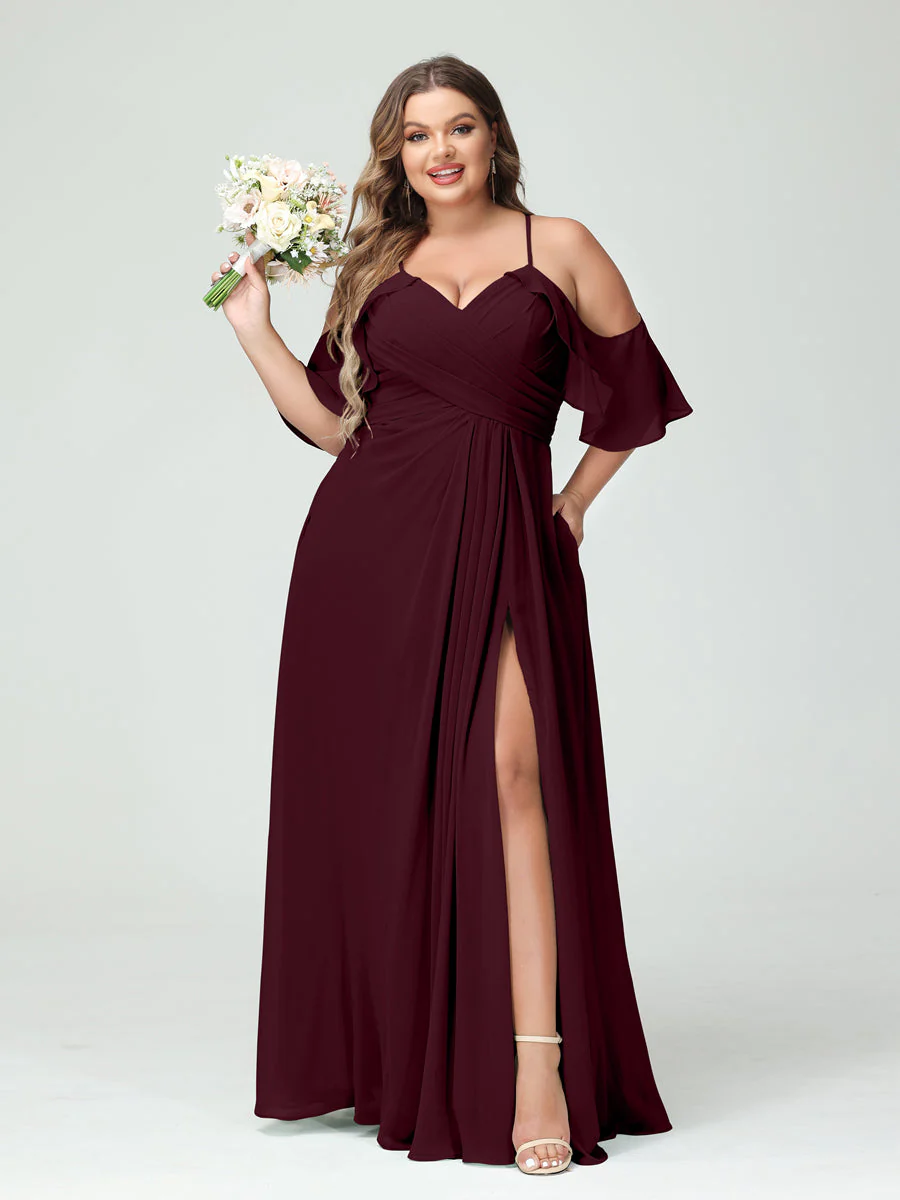 A-Line/Princess Spaghetti Straps Short Sleeves Chiffon Plus Size Bridesmaid Dresses with Pockets,Ruched Split Side - Image 13