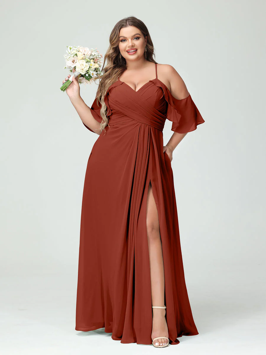 A-Line/Princess Spaghetti Straps Short Sleeves Chiffon Plus Size Bridesmaid Dresses with Pockets,Ruched Split Side - Image 14
