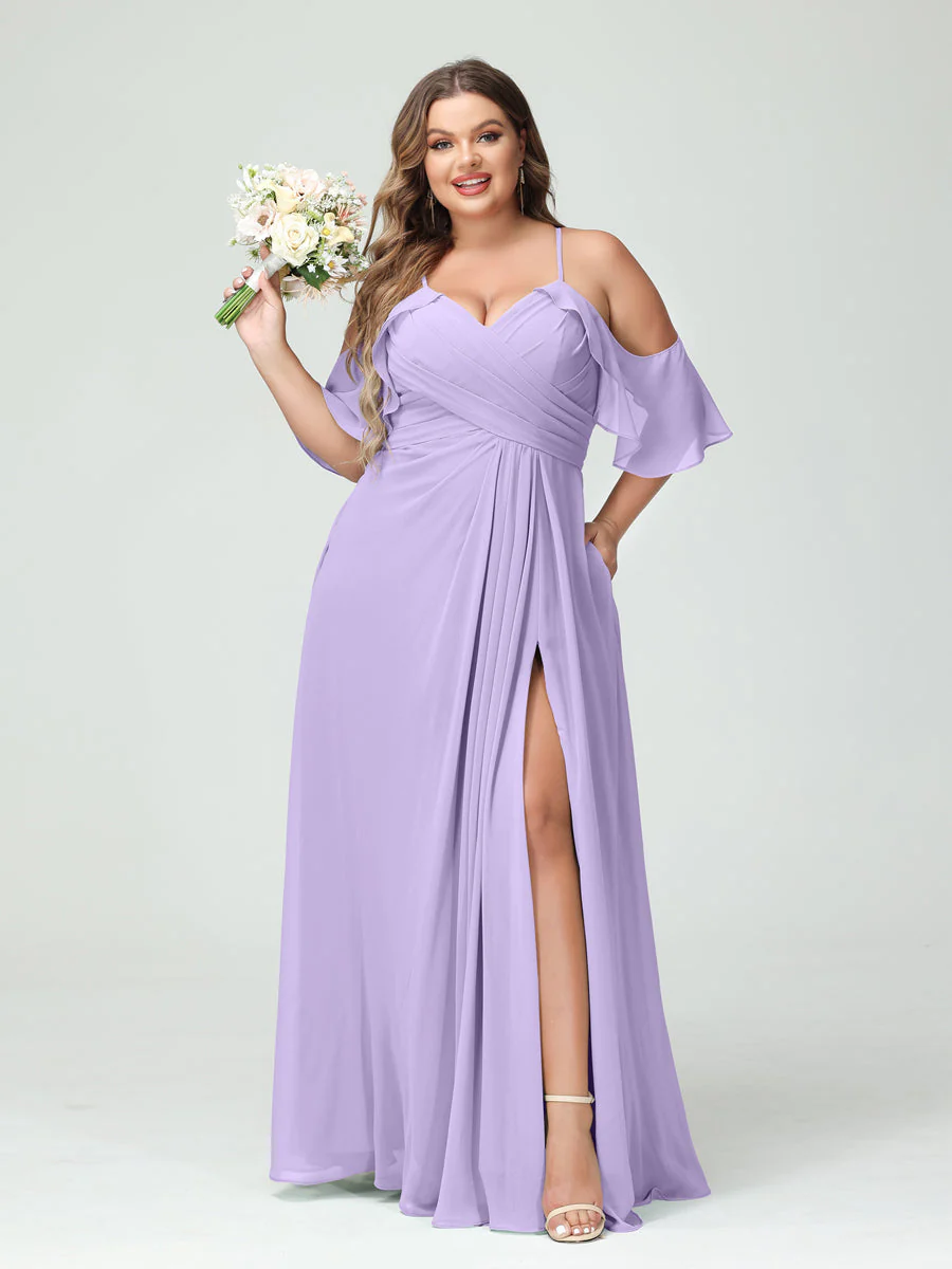 A-Line/Princess Spaghetti Straps Short Sleeves Chiffon Plus Size Bridesmaid Dresses with Pockets,Ruched Split Side - Image 15