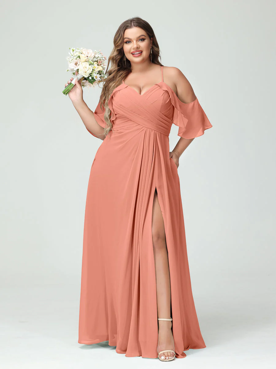 A-Line/Princess Spaghetti Straps Short Sleeves Chiffon Plus Size Bridesmaid Dresses with Pockets,Ruched Split Side - Image 16