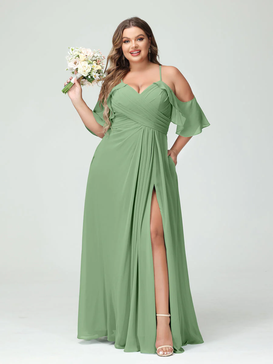 A-Line/Princess Spaghetti Straps Short Sleeves Chiffon Plus Size Bridesmaid Dresses with Pockets,Ruched Split Side - Image 17