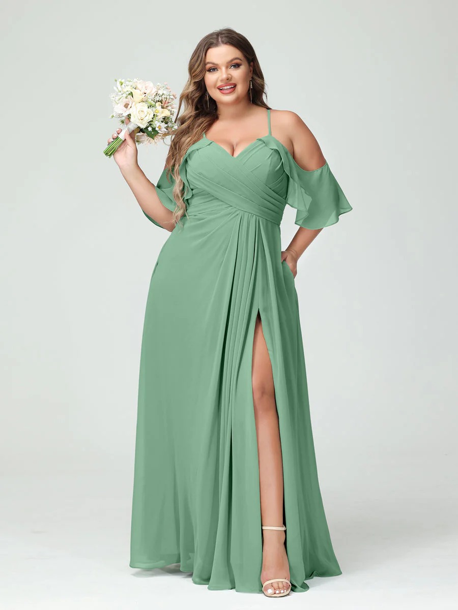A-Line/Princess Spaghetti Straps Short Sleeves Chiffon Plus Size Bridesmaid Dresses with Pockets,Ruched Split Side - Image 18