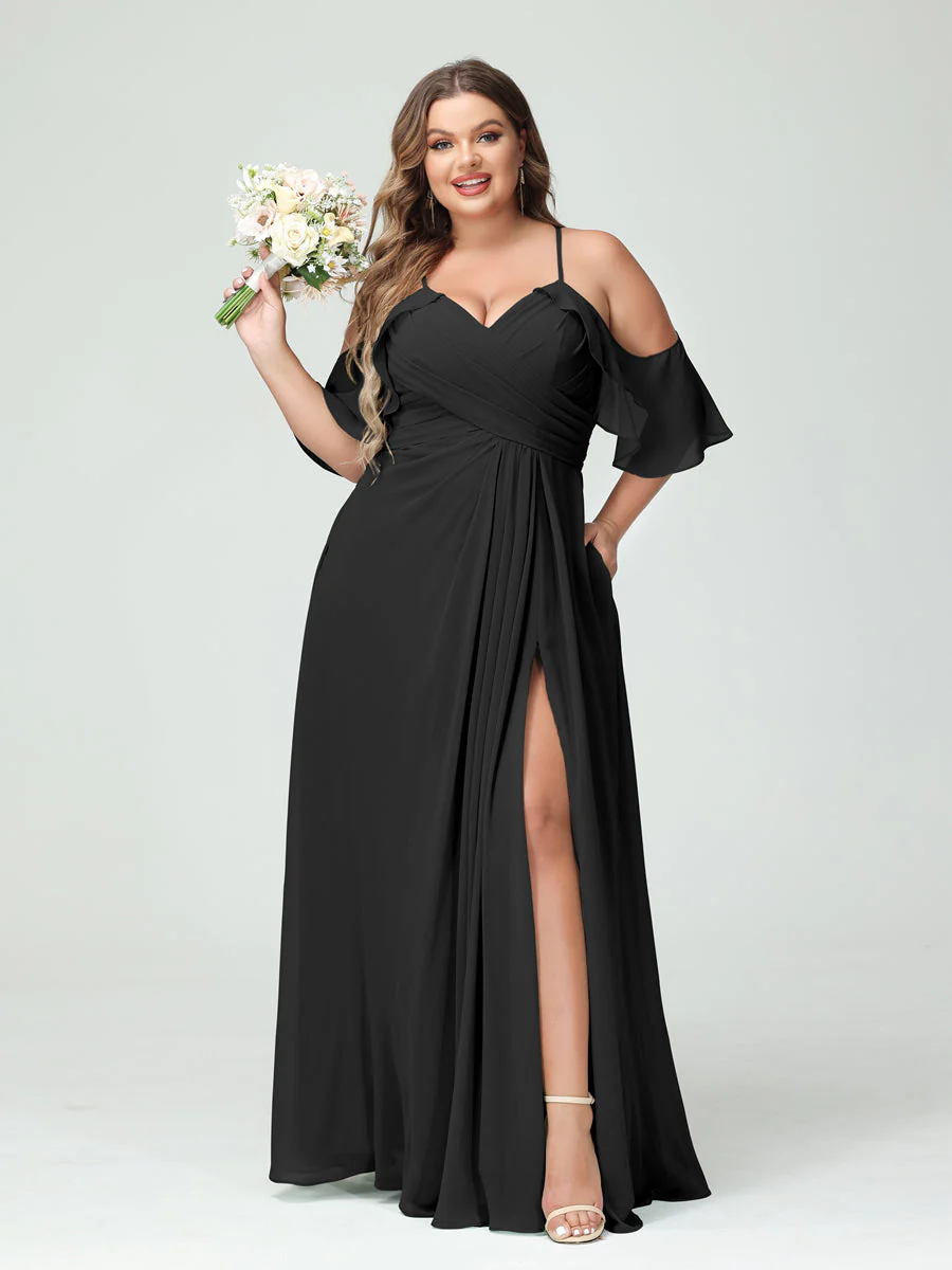 A-Line/Princess Spaghetti Straps Short Sleeves Chiffon Plus Size Bridesmaid Dresses with Pockets,Ruched Split Side - Image 19
