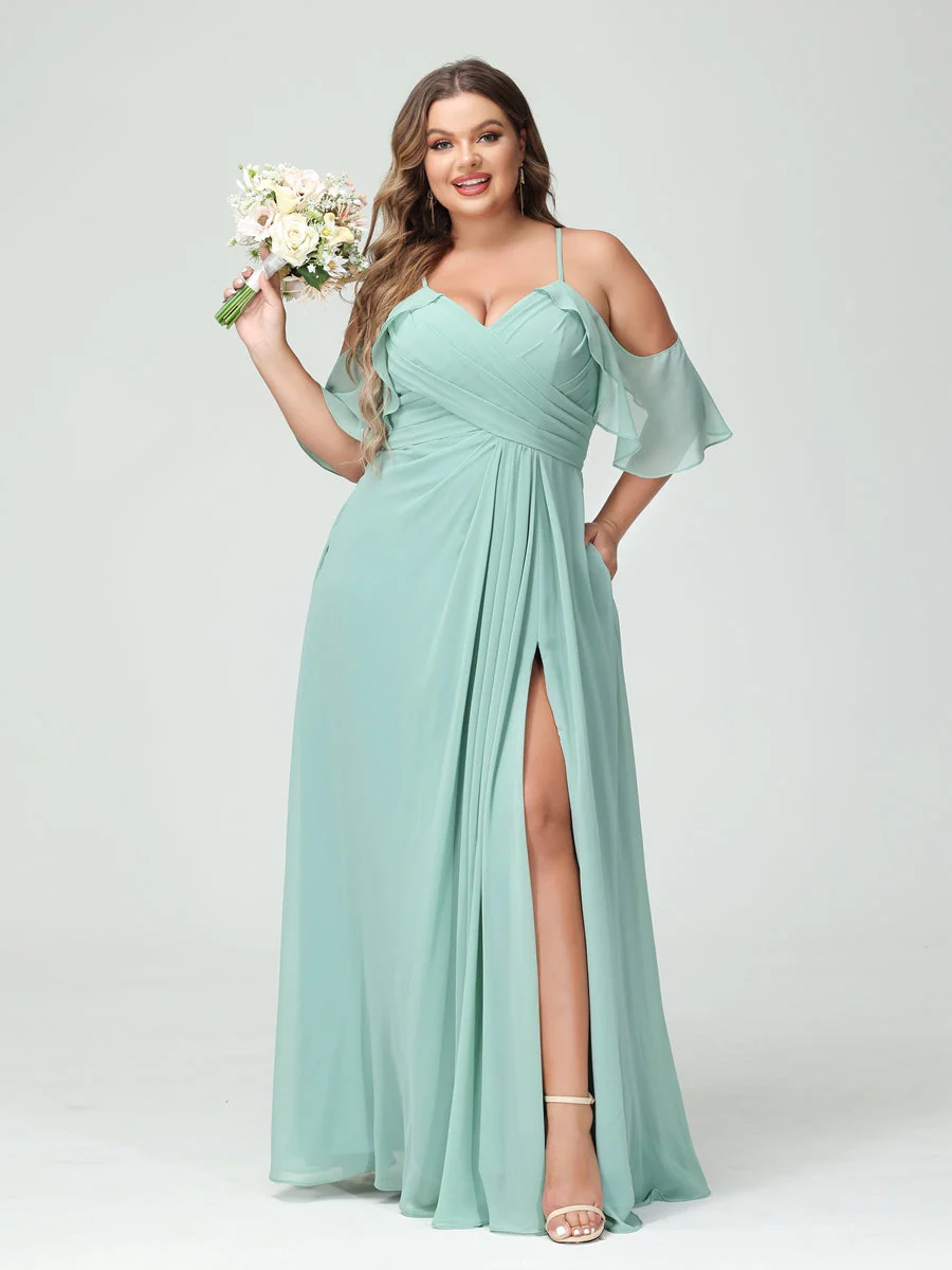 A-Line/Princess Spaghetti Straps Short Sleeves Chiffon Plus Size Bridesmaid Dresses with Pockets,Ruched Split Side - Image 2
