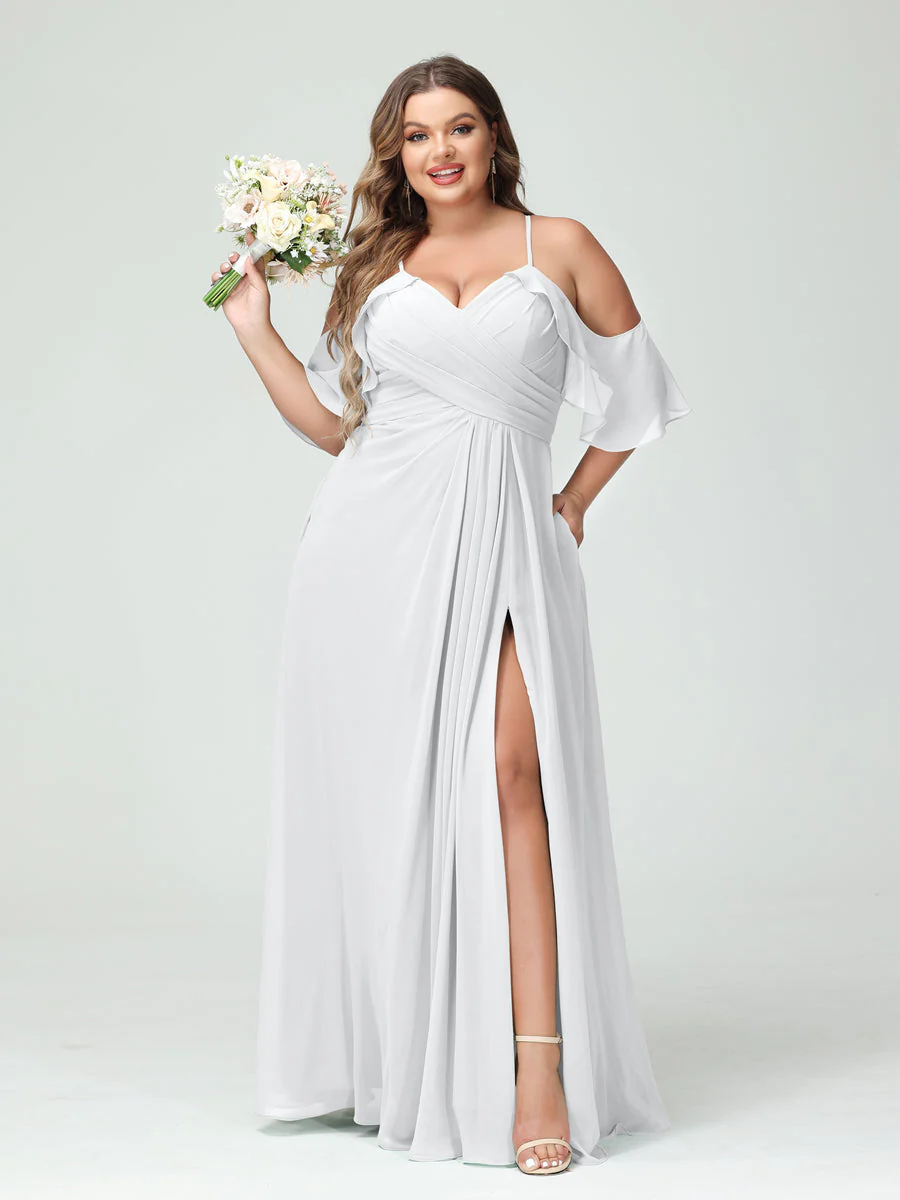 A-Line/Princess Spaghetti Straps Short Sleeves Chiffon Plus Size Bridesmaid Dresses with Pockets,Ruched Split Side - Image 20