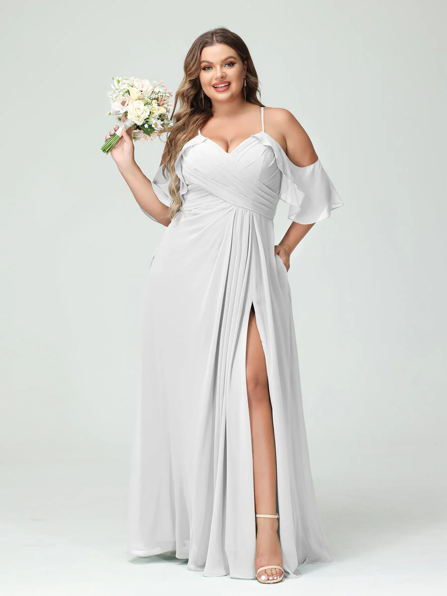 A-Line/Princess Spaghetti Straps Short Sleeves Chiffon Plus Size Bridesmaid Dresses with Pockets,Ruched Split Side - Image 21