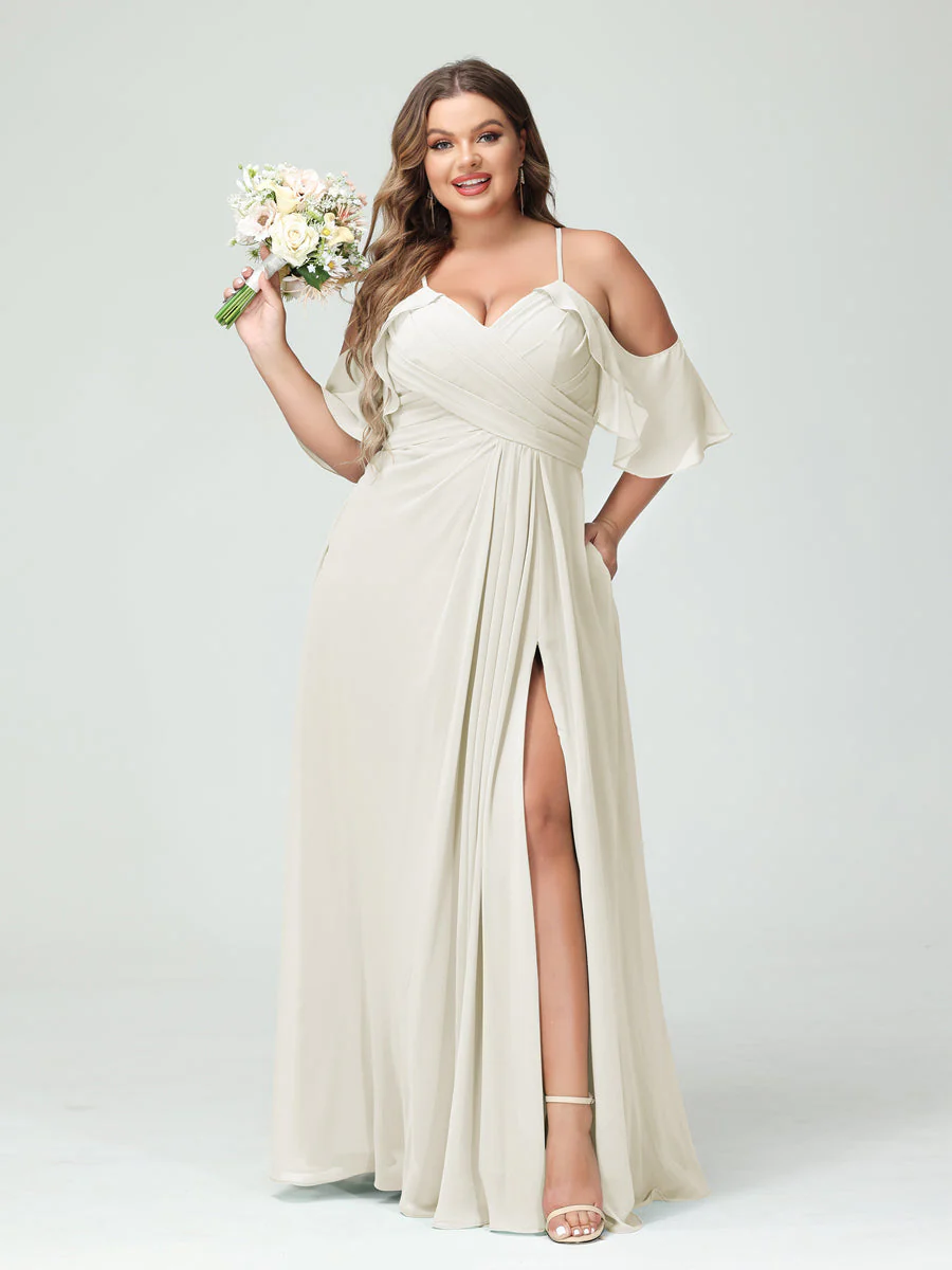 A-Line/Princess Spaghetti Straps Short Sleeves Chiffon Plus Size Bridesmaid Dresses with Pockets,Ruched Split Side - Image 22