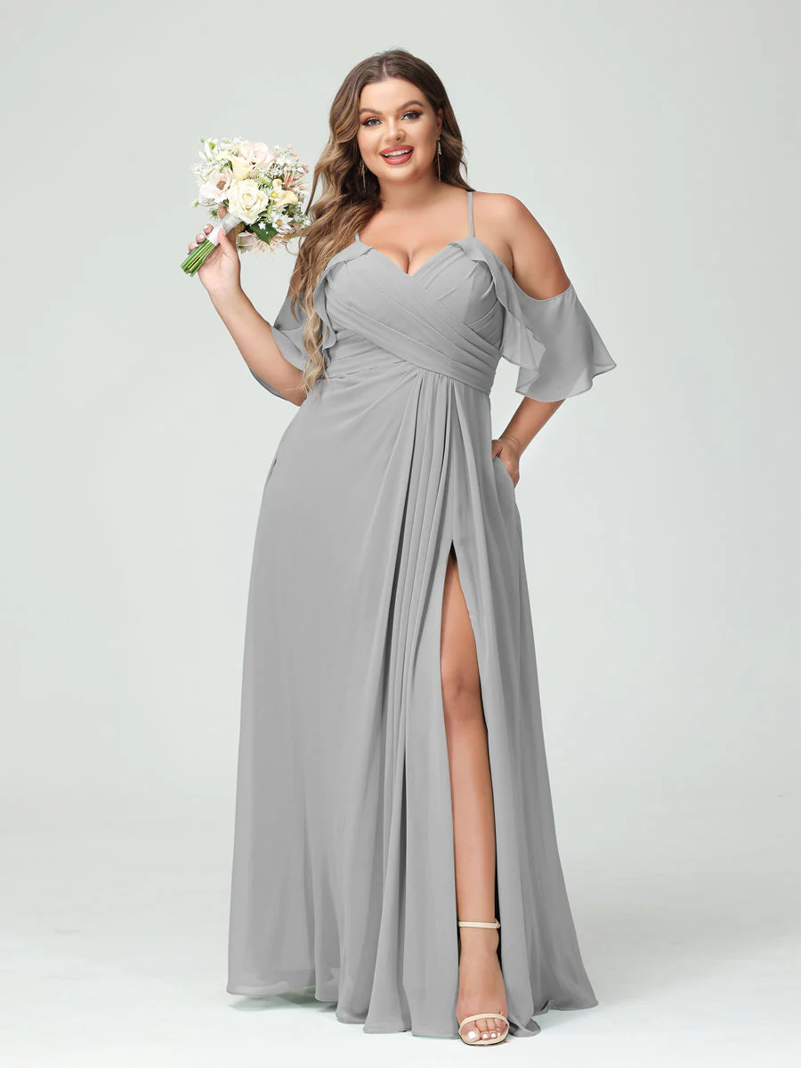 A-Line/Princess Spaghetti Straps Short Sleeves Chiffon Plus Size Bridesmaid Dresses with Pockets,Ruched Split Side - Image 23
