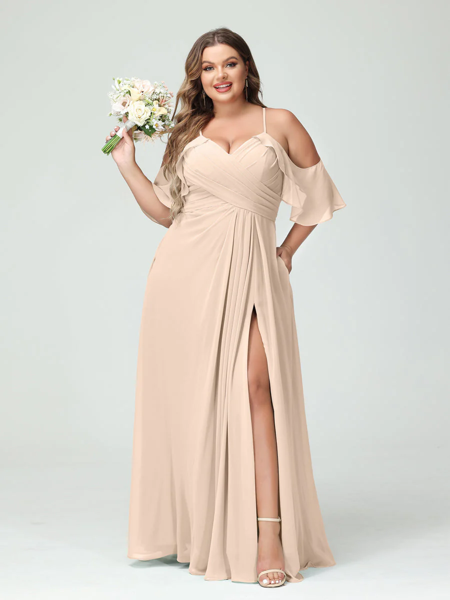 A-Line/Princess Spaghetti Straps Short Sleeves Chiffon Plus Size Bridesmaid Dresses with Pockets,Ruched Split Side - Image 24